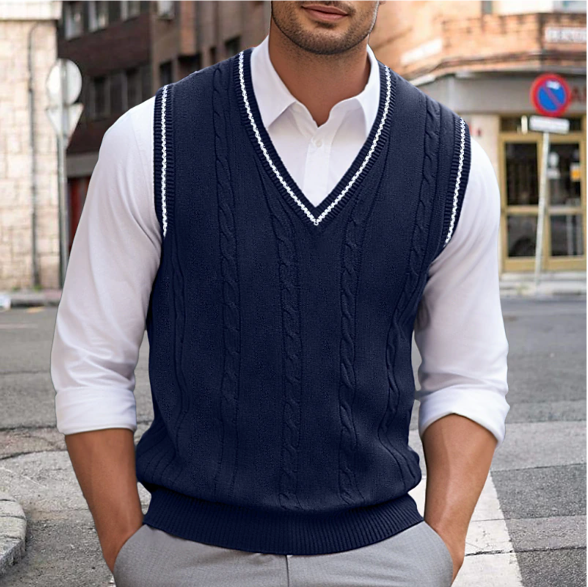 Men's Sleeveless V-Neck Sweater for Layering – Oliver
