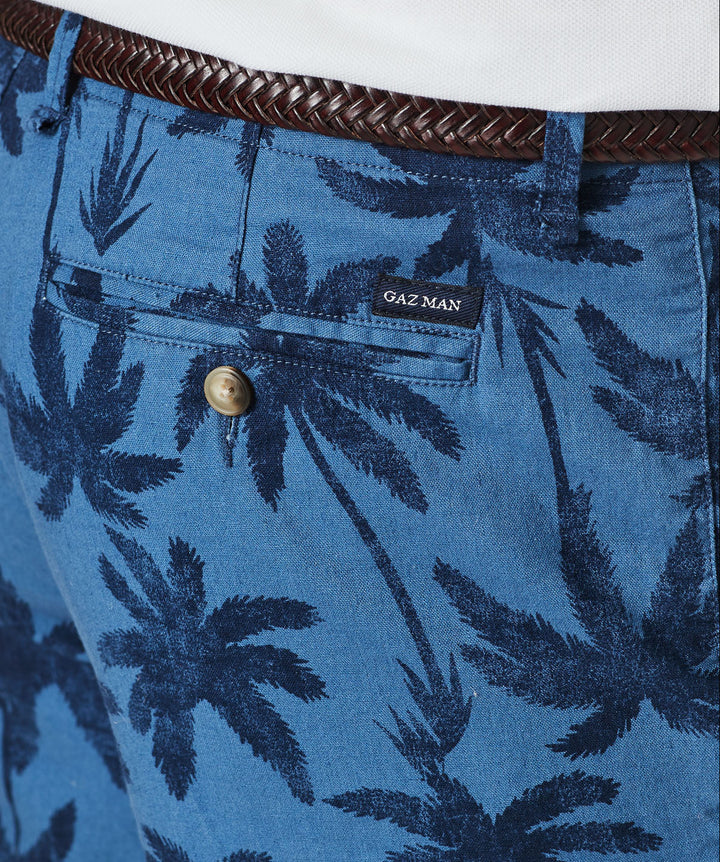 Denim Linen Palm Print Shorts