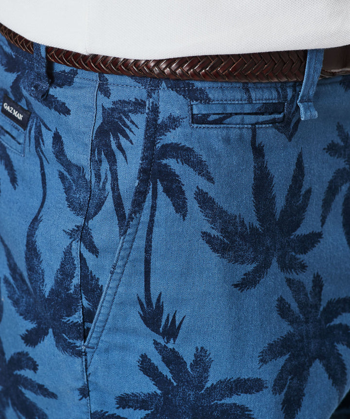 Denim Linen Palm Print Shorts